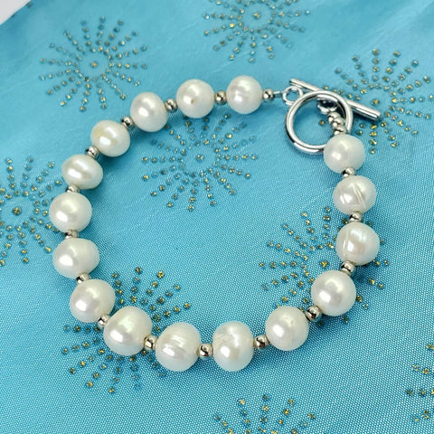 Image of 925 Sterling Silver Round Real Freshwater Pearl Bracelet