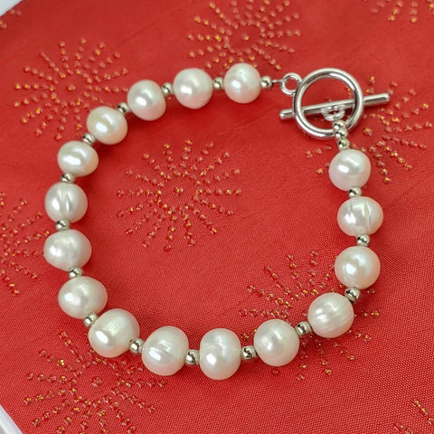 Image of 925 Sterling Silver Round Real Freshwater Pearl Bracelet
