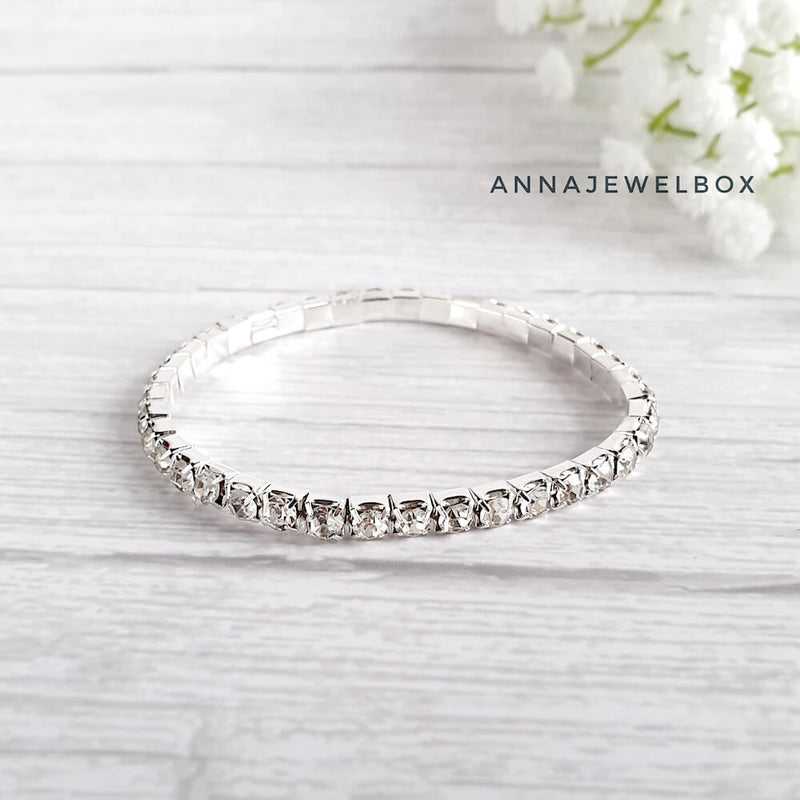 White Diamante Elastic Stretch Tennis Bracelet - AnnaJewelBox