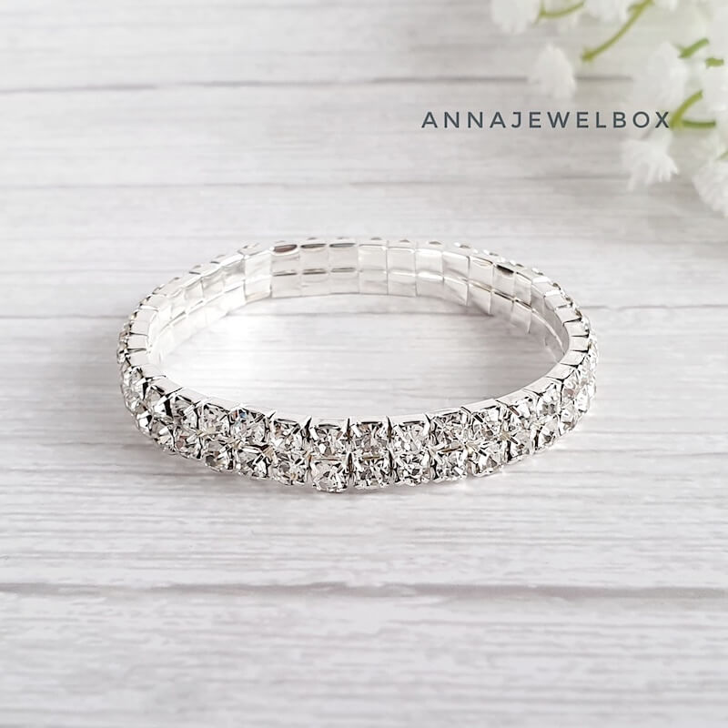 2 Rows White Diamante Elastic Stretch Tennis Bracelet - AnnaJewelBox