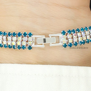 Teal Blue and White Statement Diamante Crystals Sparkling Bracelet