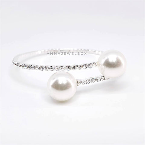 Luxury Silver Crystal Pearl Flexible Tennis Bracelet - AnnaJewelBox