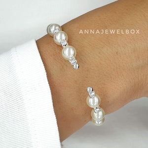 Silver Crystal Diamante Pearl Flexible Tennis Bracelet - AnnaJewelBox