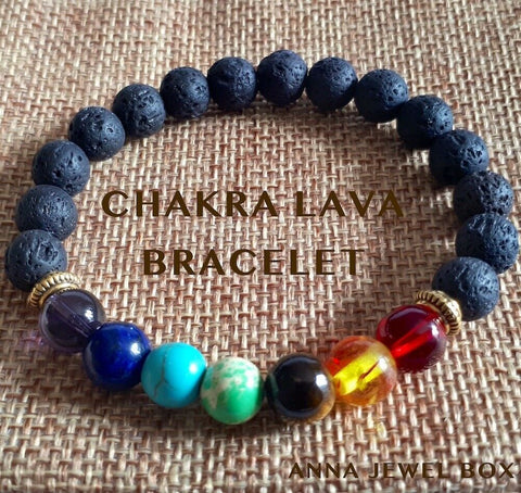 Image of 7 Crystal Bead Natural Lava Chakra Bracelet - AnnaJewelBox