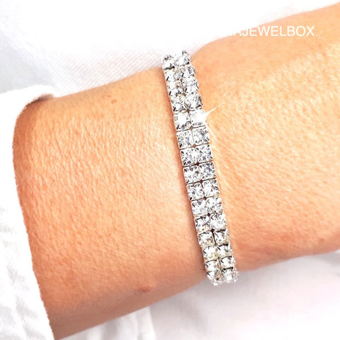 Image of 2 Rows White Diamante Elastic Stretch Tennis Bracelet - AnnaJewelBox