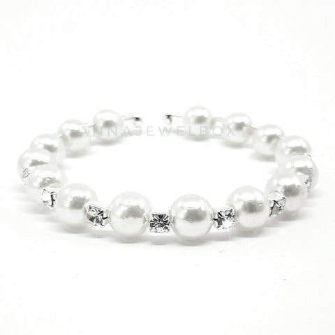 Image of Silver Crystal Diamante Pearl Flexible Tennis Bracelet - AnnaJewelBox