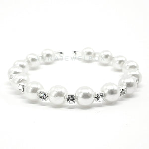 Silver Crystal Diamante Pearl Flexible Tennis Bracelet - AnnaJewelBox
