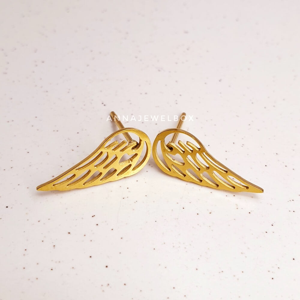 Gold Guardian Angel Wings Stud Earrings - AnnaJewelBox