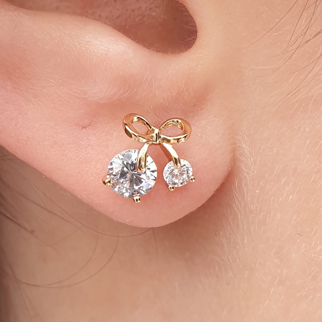 Gold Cherry Diamante Crystal Earrings Studs