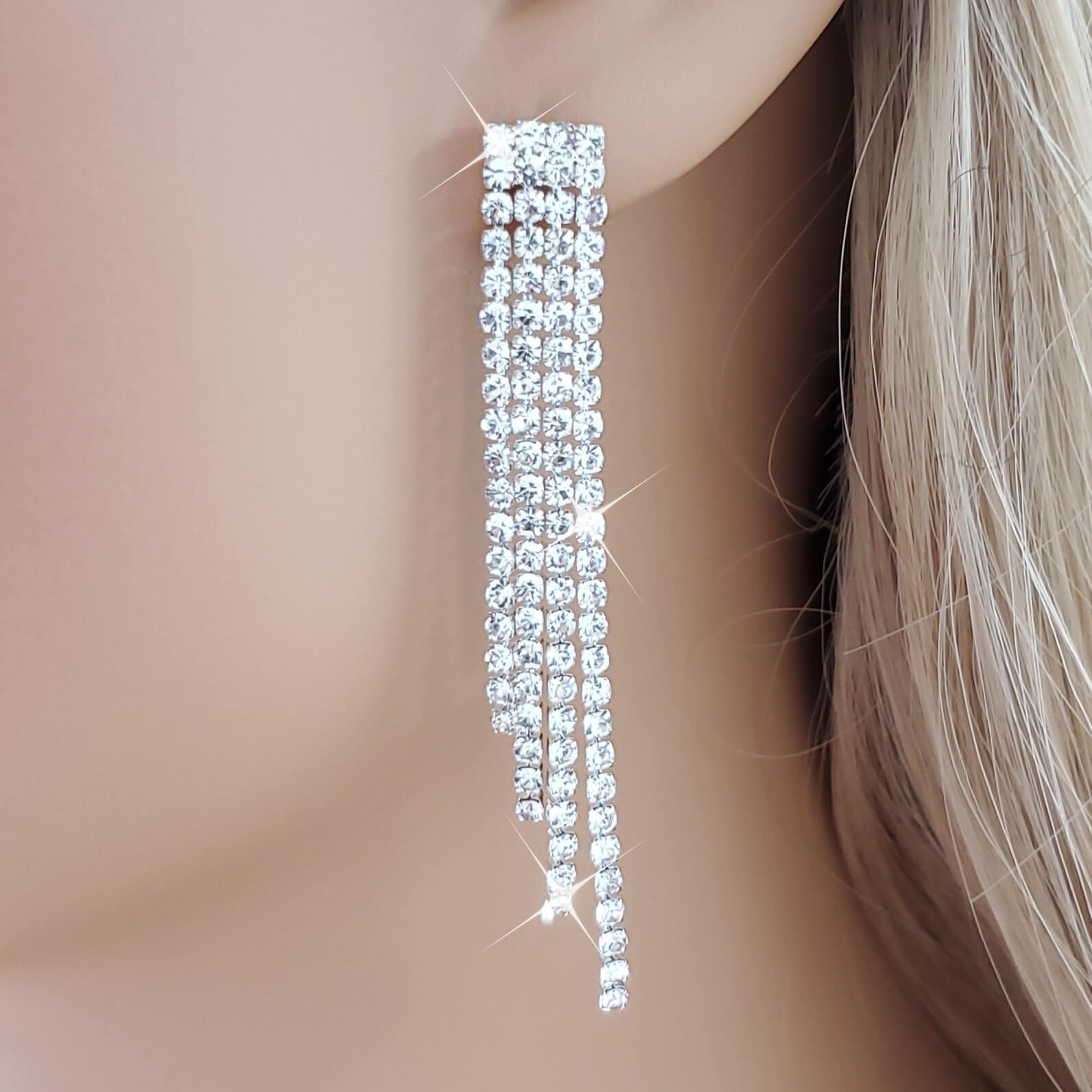 Diamante Crystal Silver Tassels Drop Earrings
