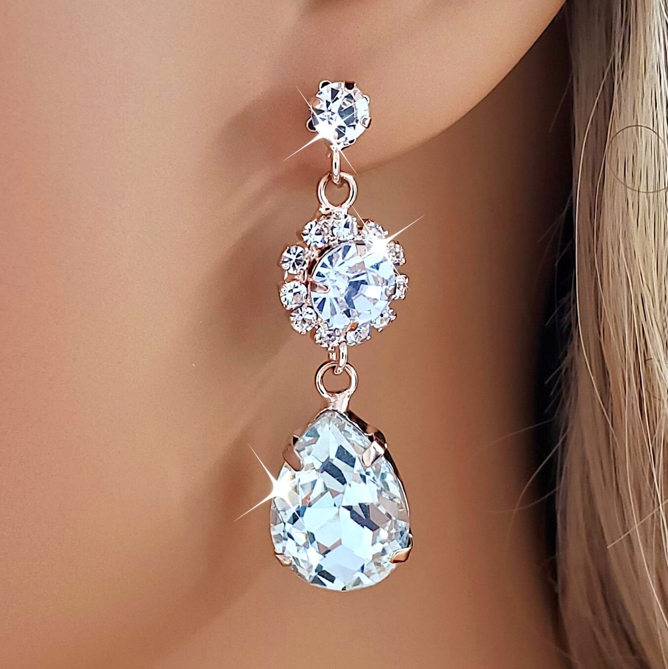 Elegant Teardrop Crystal Silver Gold Dangle Drop Earrings
