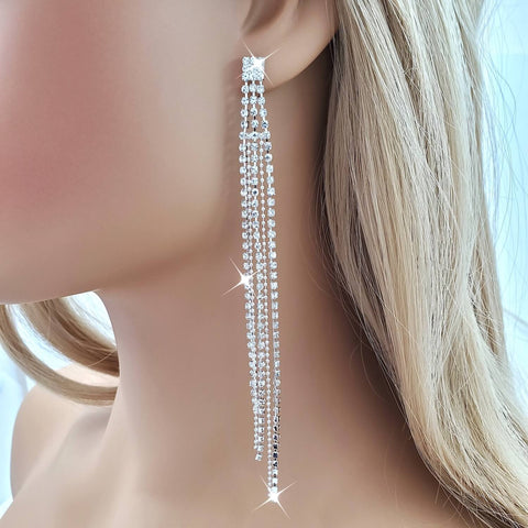 Image of Long Diamante Crystal Silver Tassels Drop Earrings