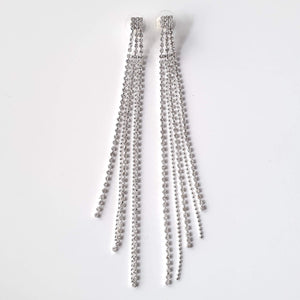 Long Diamante Crystal Silver Tassels Drop Earrings