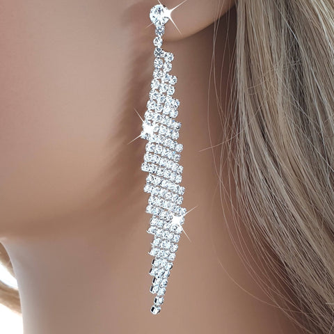 Party Long Crystal Silver Dangle Drop Earrings