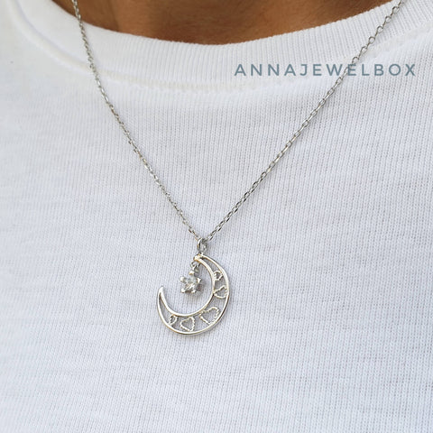 Image of Love Moon 925 Sterling Silver Crystal Star Diamante Pendant Necklace - AnnaJewelBox