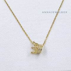 Gold Plated Vermeil 925 Sterling Silver Diamante Queen Tiara Crown Necklace - AnnaJewelBox
