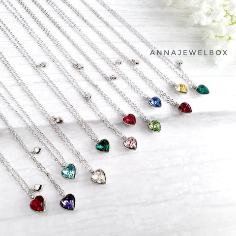 Image of 925 Sterling Silver Love Heart Diamante Birthstone Necklace - AnnaJewelBox