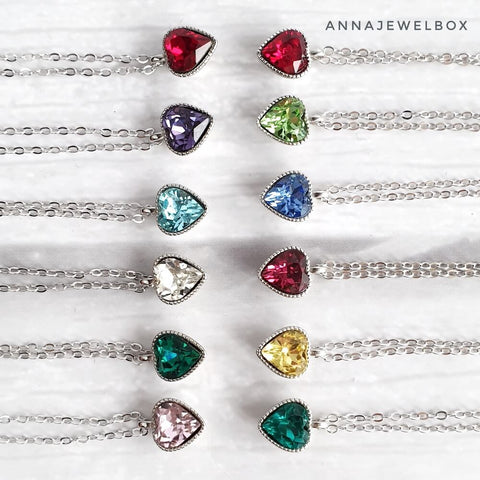 925 Sterling Silver Love Heart Diamante Birthstone Necklace - AnnaJewelBox