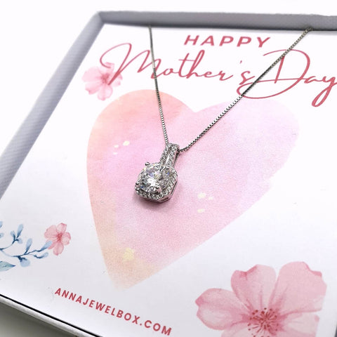 Image of 925 Sterling Silver Personalised Mother's Day Diamante Necklace - Happy Mothers Day Card Gift