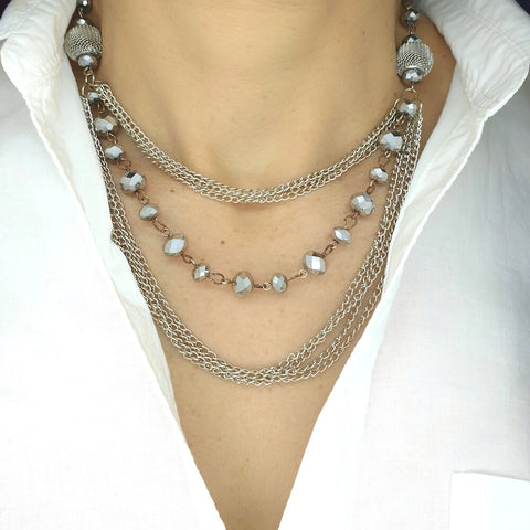 Crystal Multi Layered Chain Necklace in Silver