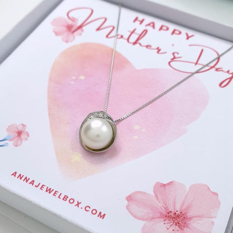 Image of 925 Sterling Silver Personalised Mother's Day Pearl Necklace - Happy Mothers Day Card Gift