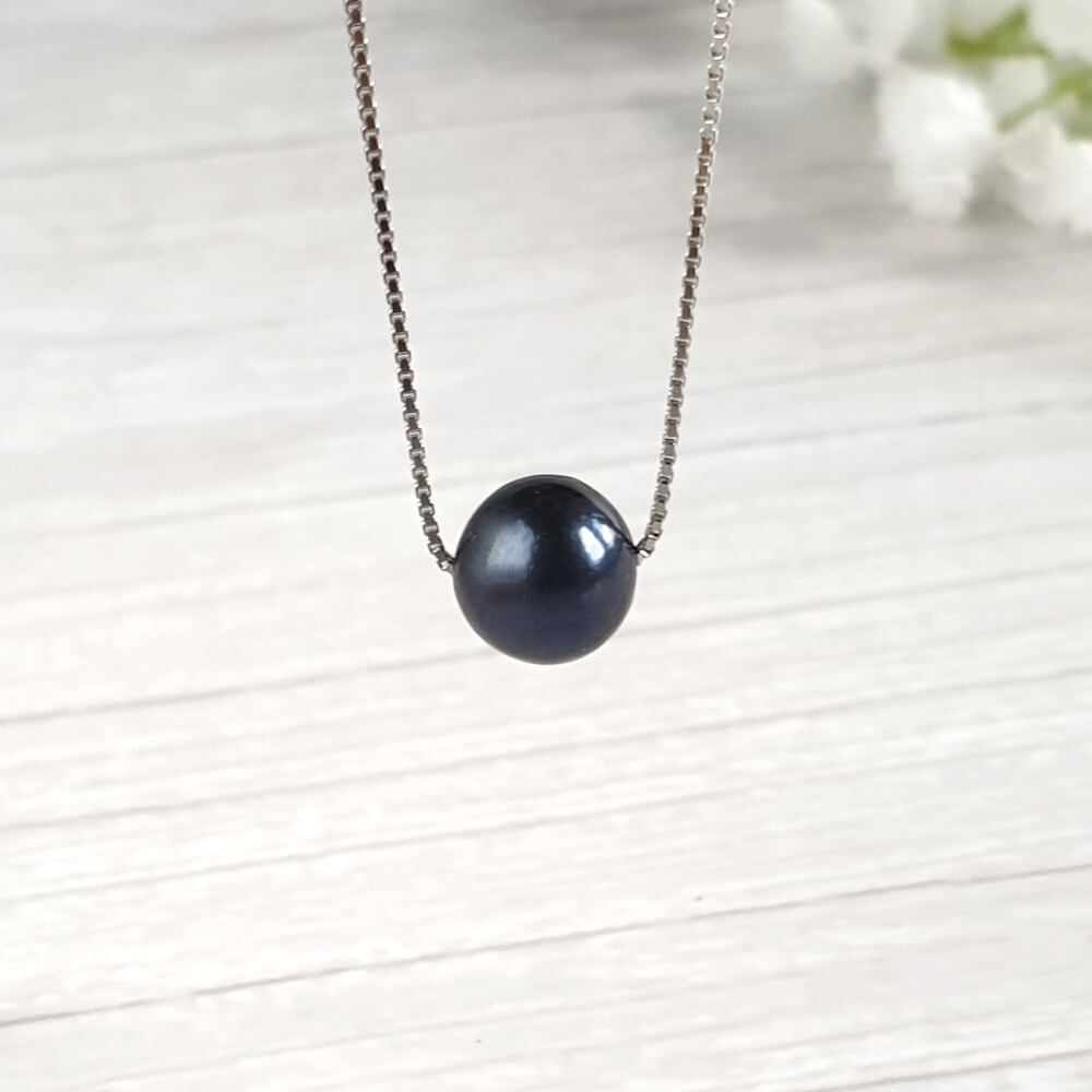 Black Round Freshwater Pearl 925 Sterling Silver Necklace