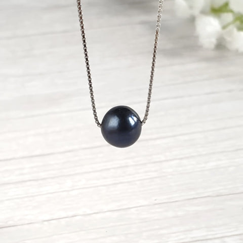 Image of Black Round Freshwater Pearl 925 Sterling Silver Necklace