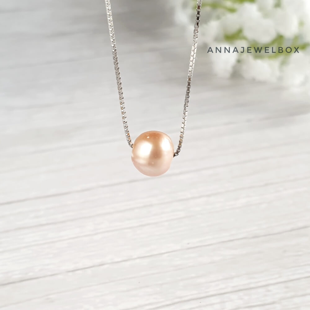 Pink Round Freshwater Pearl 925 Sterling Silver Necklace - AnnaJewelBox