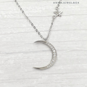 925 Sterling Silver Crystal Crescent Moon Pendant Necklace - AnnaJewelBox