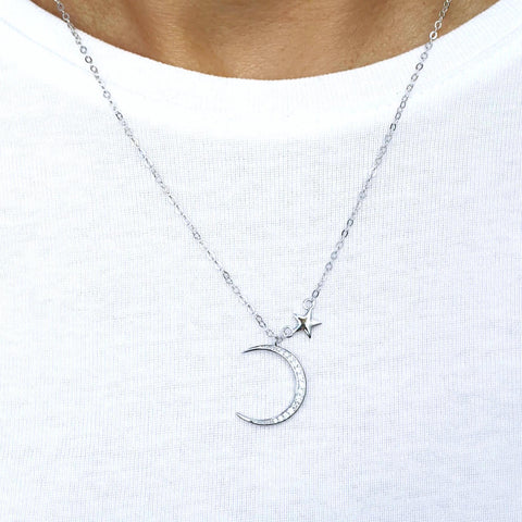 Image of 925 Sterling Silver Crystal Crescent Moon Pendant Necklace - AnnaJewelBox