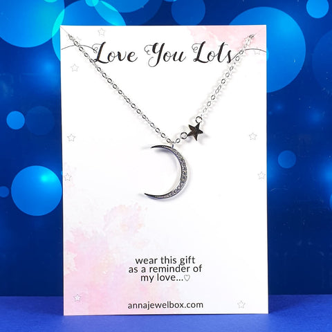 Image of 925 Sterling Silver Crystal Crescent Moon Pendant Necklace - AnnaJewelBox
