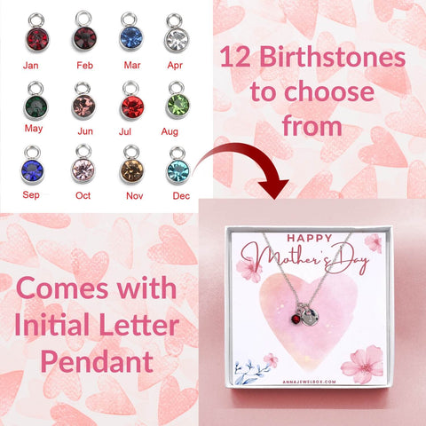 Mother's Day Initial and Birthstone Personalised Necklace - Happy Mothers Day Card Gift