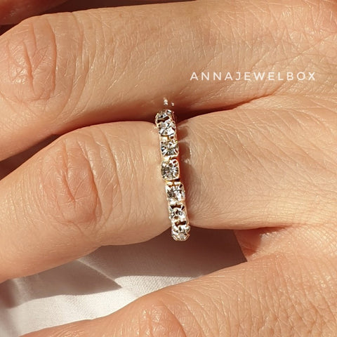 Image of Sparkling Diamante Crystals Silver Plated Elastic Rings 1-2-3 Rows - AnnaJewelBox
