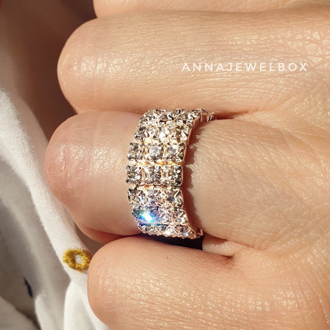 Image of Sparkling Diamante Crystals Silver Plated Elastic Rings 1-2-3 Rows - AnnaJewelBox