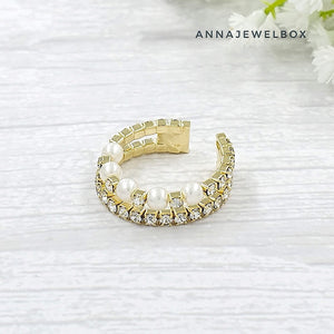 Multi Layer Gold Diamante Pearl Open Ring - AnnaJewelBox