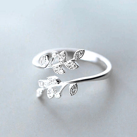 Image of 925 Sterling Silver Pave Olive Leaf Open Ring - AnnaJewelBox