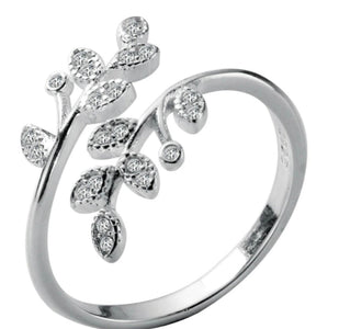 925 Sterling Silver Pave Olive Leaf Open Ring - AnnaJewelBox