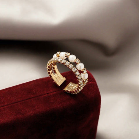 Image of Multi Layer Gold Diamante Pearl Open Ring - AnnaJewelBox