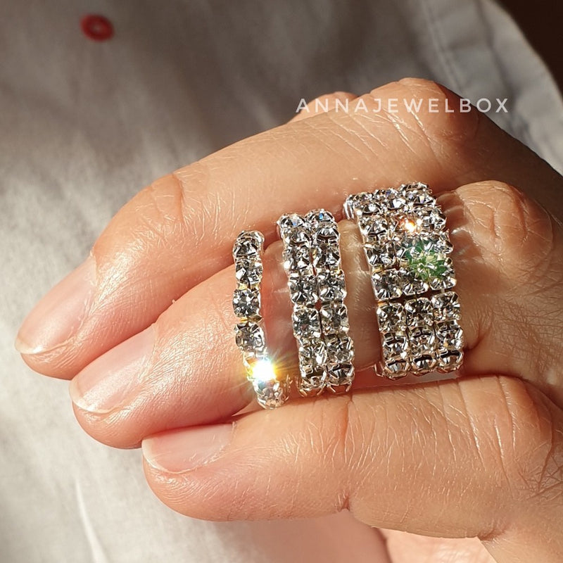 Sparkling Diamante Crystals Silver Plated Elastic Rings 1-2-3 Rows - AnnaJewelBox
