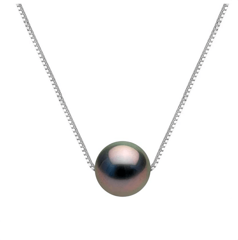 Black Round Freshwater Pearl 925 Sterling Silver Necklace - AnnaJewelBox