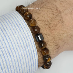 Hematite and Tiger Eye Stretch Bracelet for Men - AnnaJewelBox