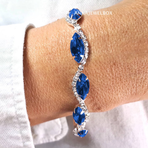 Royal Blue and White Cubic Zirconia Diamante Crystals Sparkling Bracelet - AnnaJewelBox