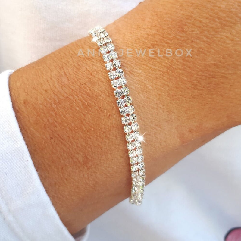 2 Rows White Diamante Tennis Bracelet - AnnaJewelBox