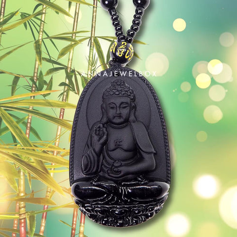 Image of Carved Black Obsidian Protection Buddha Necklace - AnnaJewelBox