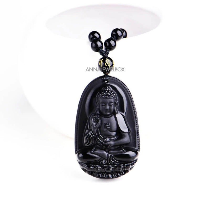 Carved Black Obsidian Protection Buddha Necklace - AnnaJewelBox